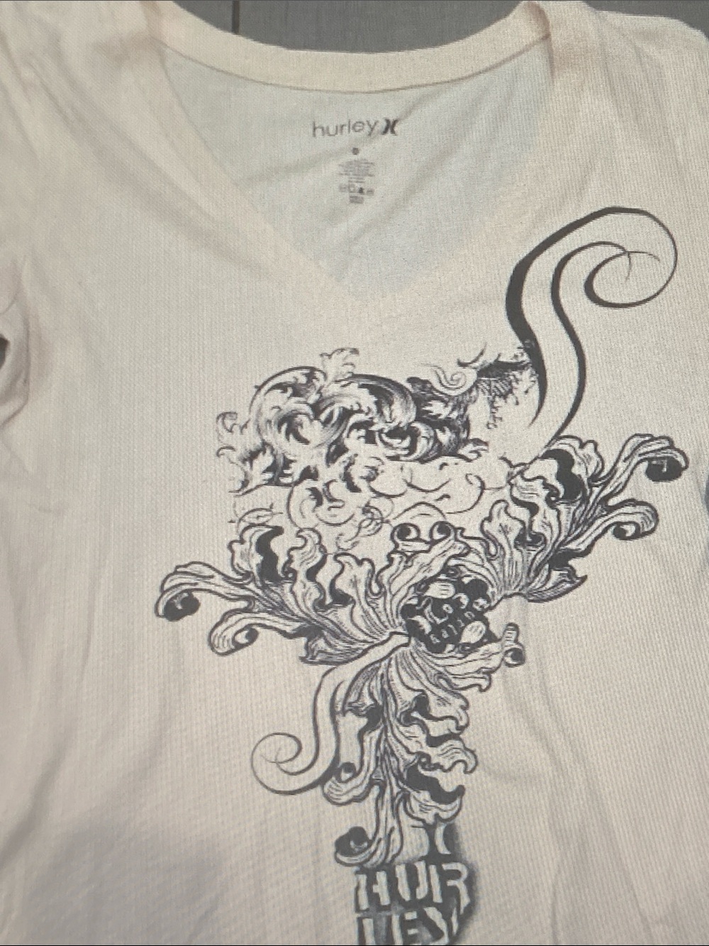 Hurley White V-Neck Tee with Black Ornate Graphic